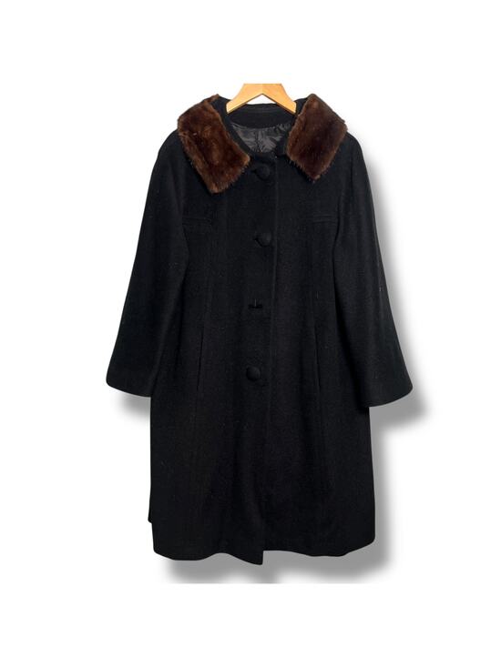 Vintage Jackets & Blazers - Vintage 60s Wool Swing Coat Black Mink Fur Collar Lined Size Large Camel Hair(?)